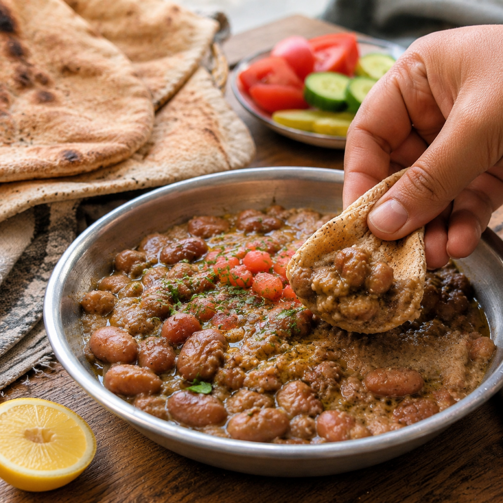エジプトのエイシュ・バラディでフール・メダメスをすくって食べる朝食の組み合わせ