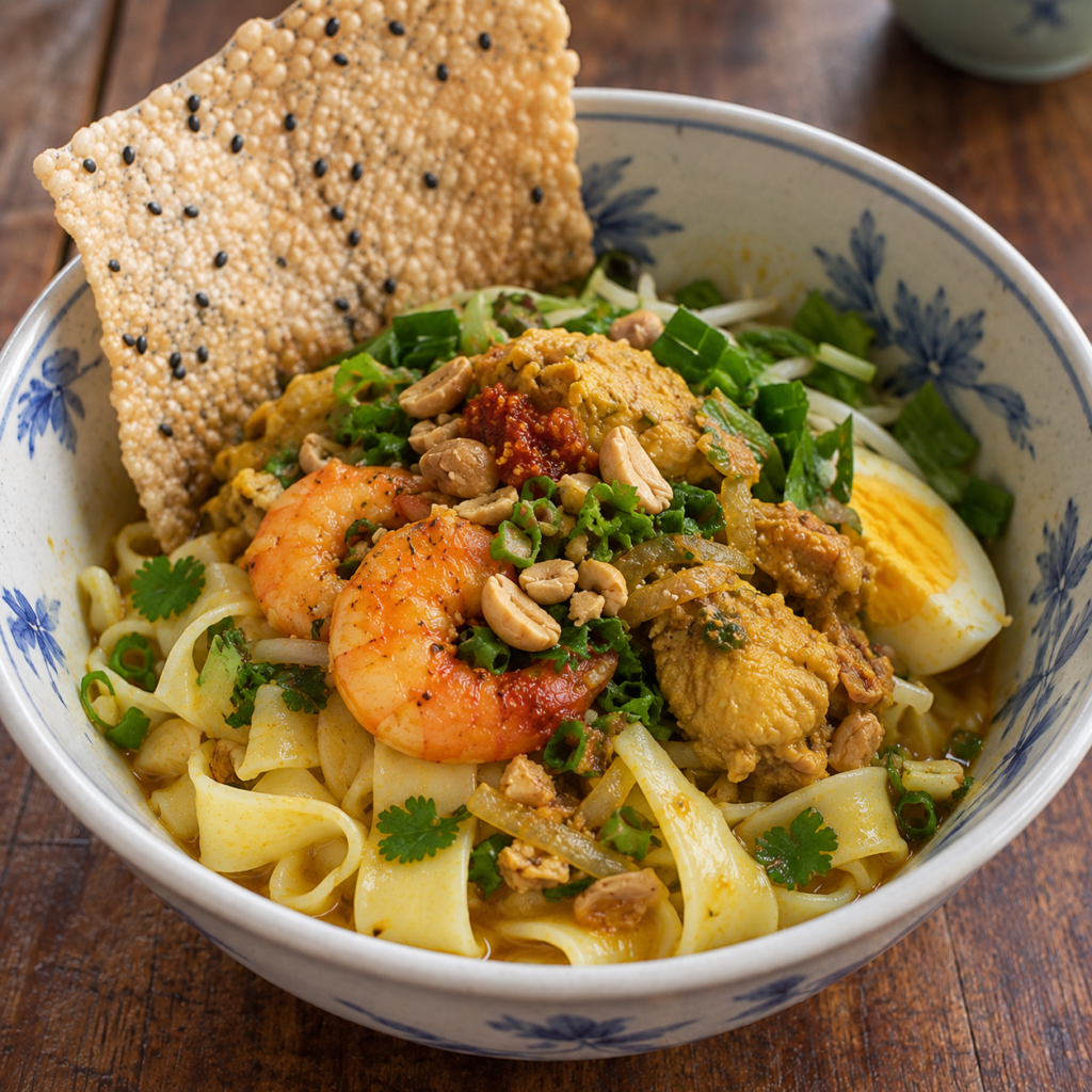 ベトナム中部のミークアン。平たい米麺に濃い汁を少量合わせる麺料理
