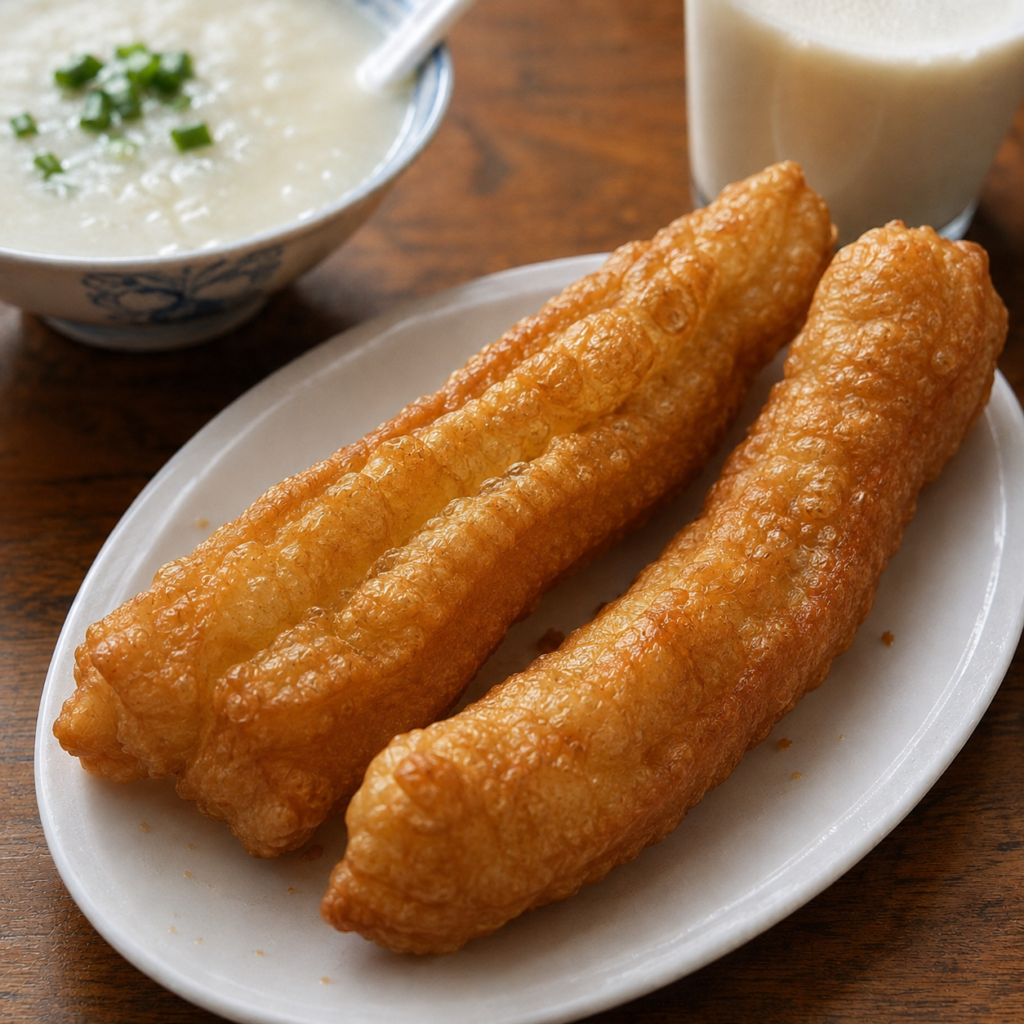 中国の油条。細長く伸ばした小麦生地を油で揚げた朝食料理