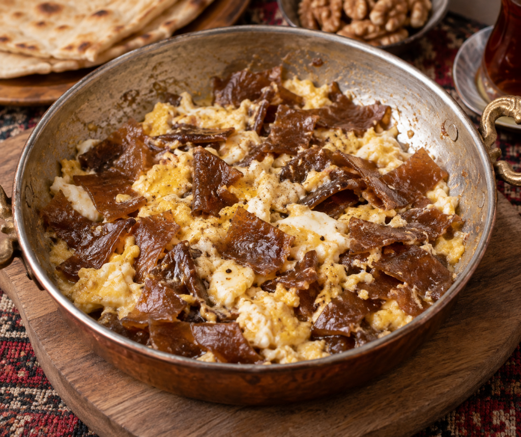 トルコ・エラズーのペスティルリ・ユムルタ。果物由来の保存食ペスティルと卵を合わせた朝食料理