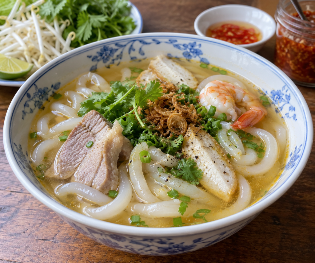 ベトナム中部・南部のバインカン。米粉やタピオカ粉を使った太い麺の料理