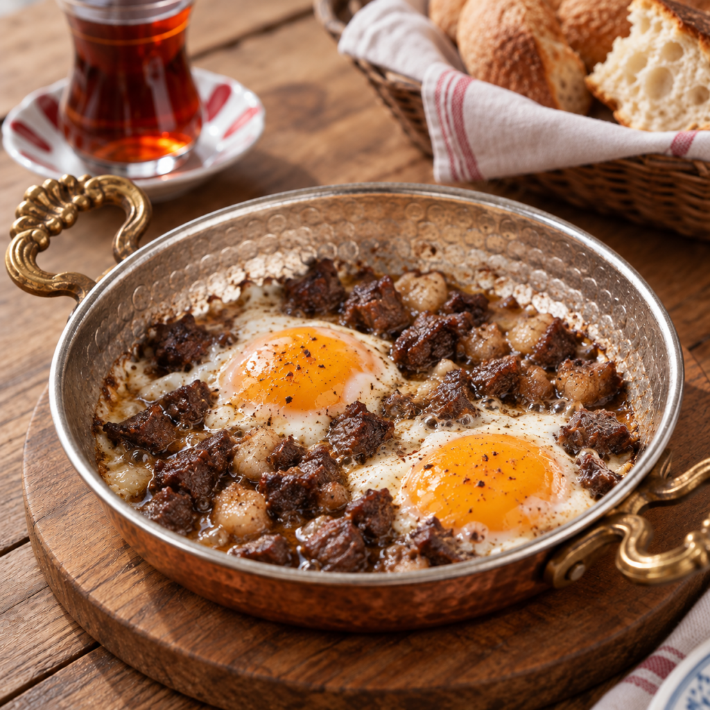 トルコ・エラズーのカヴルマル・ユムルタ。保存肉のカヴルマと卵を合わせた朝食料理