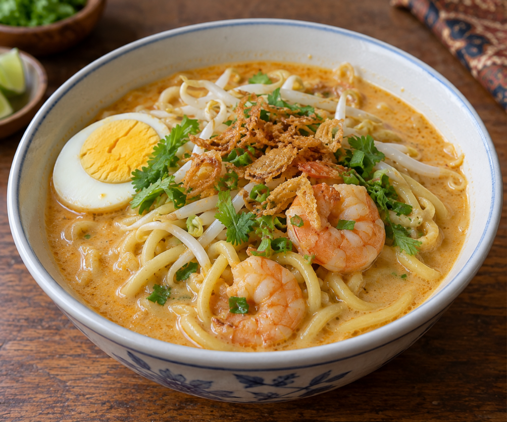 インドネシア・パレンバンのミー・チェロール。太い小麦麺にエビだしとココナッツミルクの濃い汁をかける麺料理