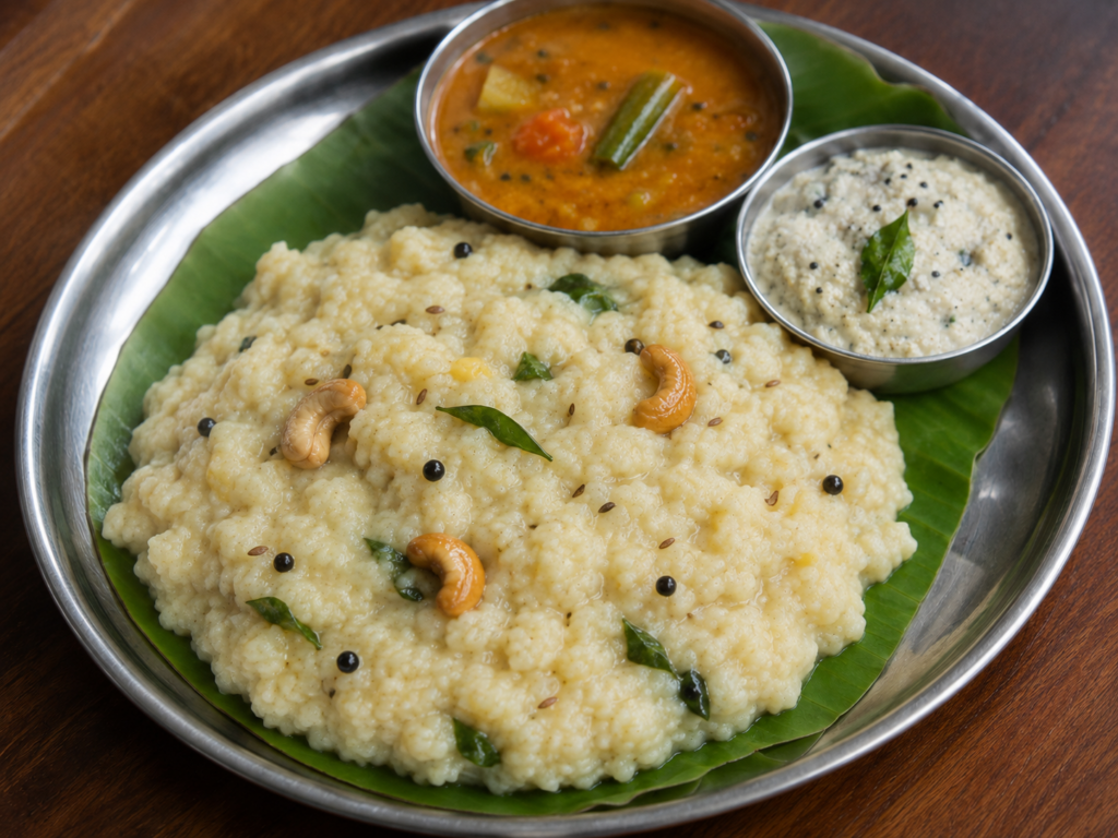 インドのヴェン・ポンガル。米と豆をやわらかく煮て仕上げた朝食料理