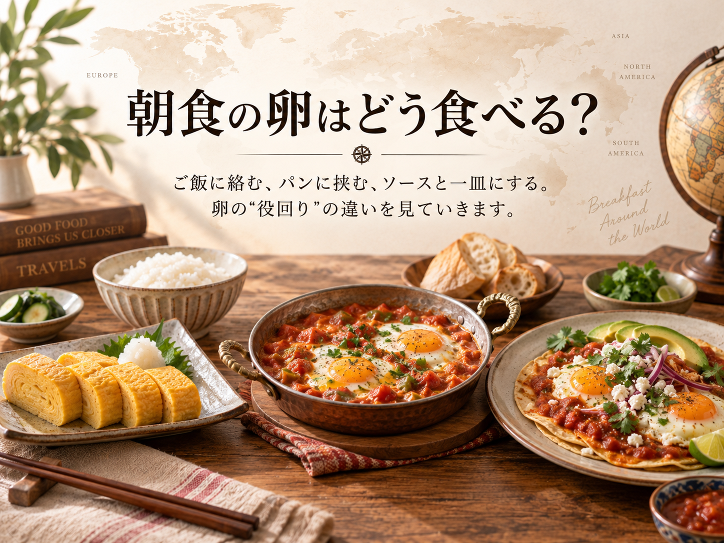 ご飯、パン、トルティーヤなどと組み合わせる世界の朝食卵料理を並べたイメージ