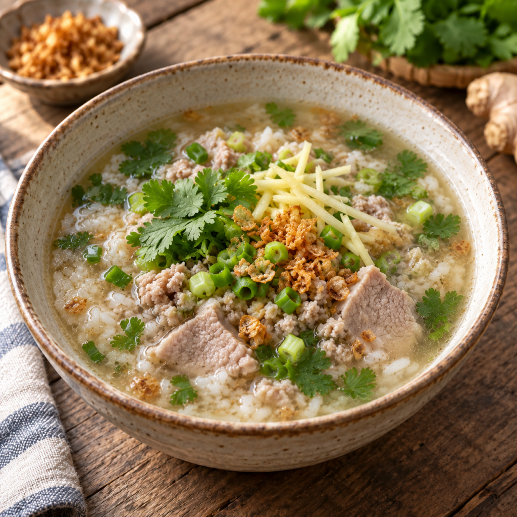 タイのカオトム。米粒を残して仕上げた米入りスープ