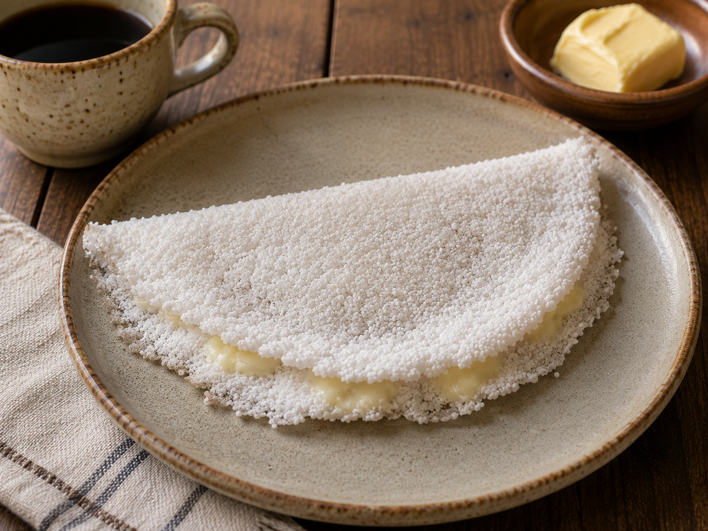 ブラジルのタピオカ。キャッサバでんぷんを焼いて半月形に仕上げた料理