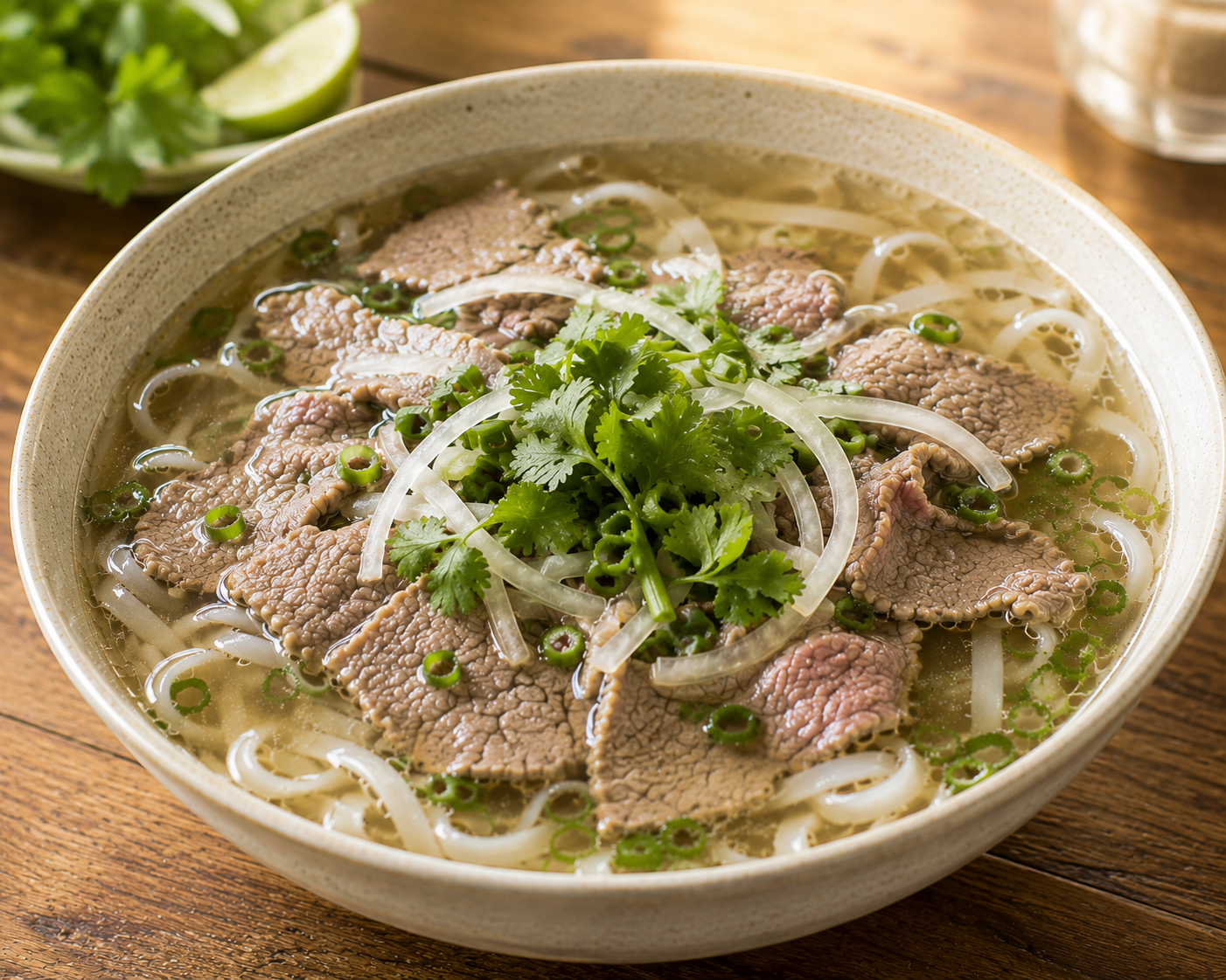 ベトナムのフォー。平たい米麺をスープに入れて食べる朝食麺